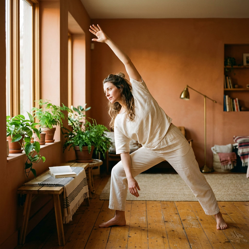A woman mid-stretch in soft morning light beside a tall window — calm and embodied, a moment of active agency at the start of her day.
